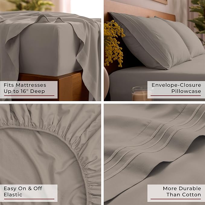 Mellanni Queen Sheets Set - 4 PC Iconic Collection Bedding - Hotel Luxury, Extra Soft, Cooling Bed Sheets - Wrinkle, Fade, Stain Resistant (Queen, Tan)