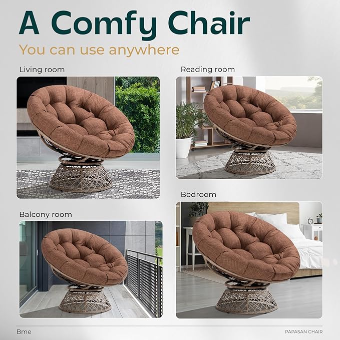 Bme 40" Ergonomic Wicker Papasan Chair with Soft Thick Density Fabric Cushion, High Capacity Steel Frame, 360 Degree Swivel for Living, Bedroom, Reading Room, Lounge, Cinnamon Mocha - Brown Base