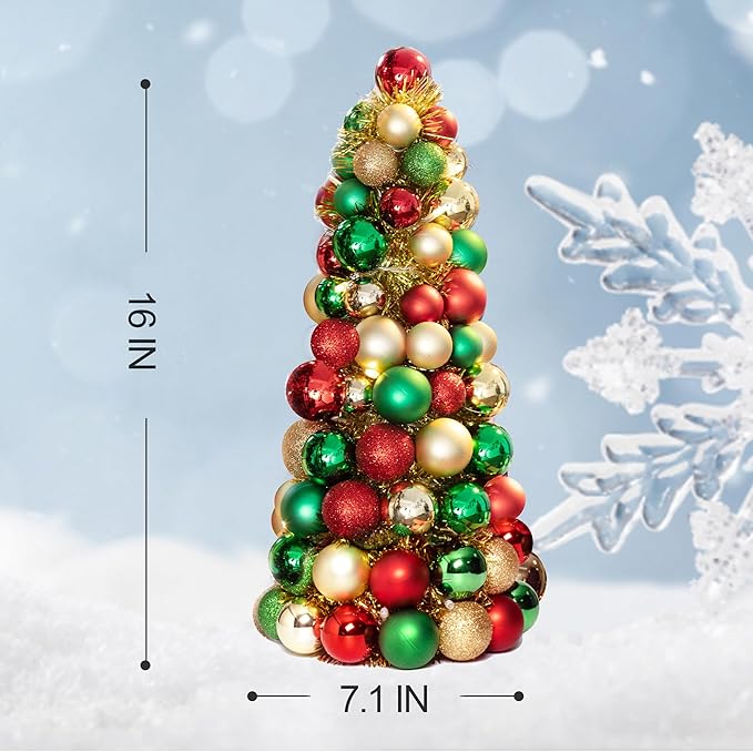 Amooca 16in Christmas Ball Tree with LED Lights Table Centerpiece Fireplace Decor Indoor Holiday Party Home Decoration Red Gold Green