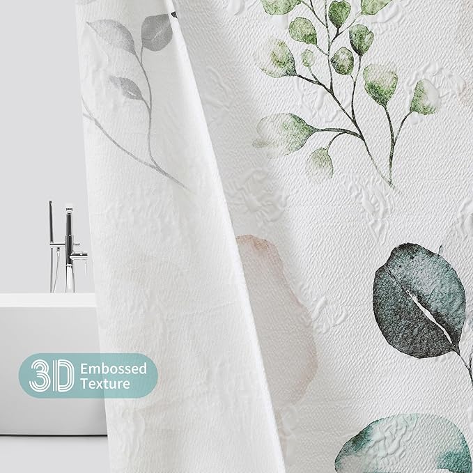 QiyI 72x72 White Floral Shower Curtain, 3D Embossed Butterflies, Waterproof Fabric, Set with Hooks