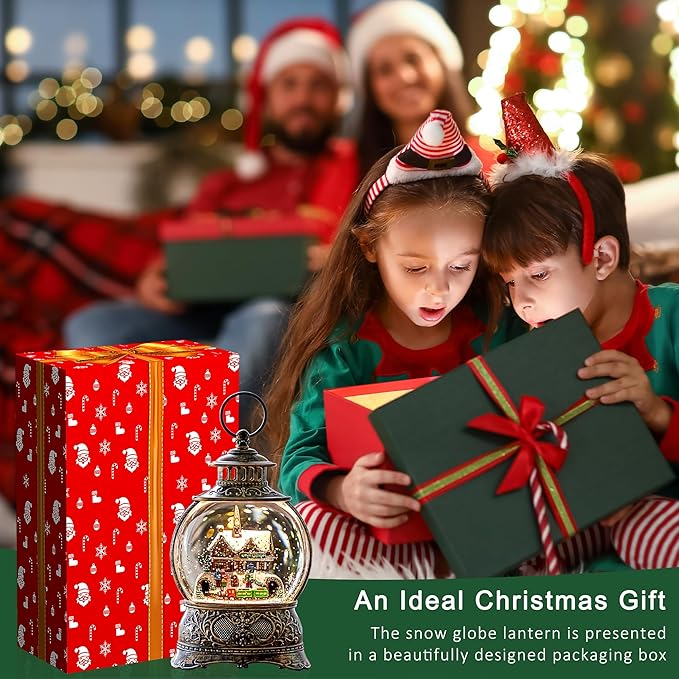 9.8" Christmas Snow Globe Water Lantern with Train Station Scene Battery Operated or USB Powered Musical Lighted Holiday Decoration for Tabletop Display for Family and Friends