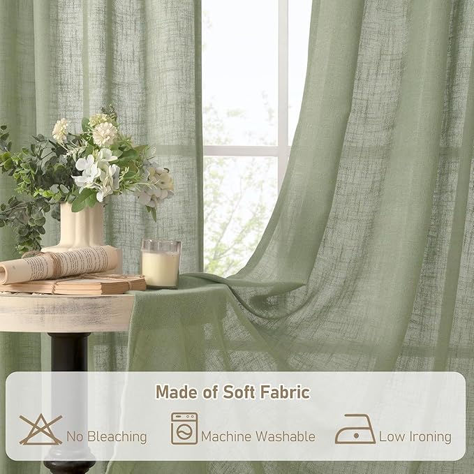 LAMIT Semi Sheer Linen Curtains 36 Inch Length for Cafe, Light Filtering Panels Back Tab and Rod Pocket Neutral Drapes for Bathroom/Kitchen/Loft Room, 25 x 36 Inch, 2 Panels