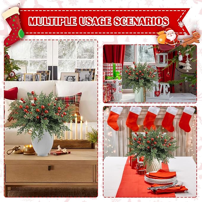 60Pcs Christmas Decorations-Artificial Pine Branches with Red Berry Stems, Christmas Decor Faux Pine Greenery Stems, Christmas Tree Decorations & Christmas Picks for Indoor Outdoor Navidad Decor