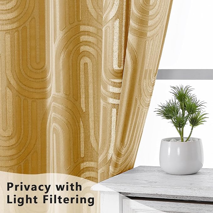 Simplebrand Sheer Gold Curtains 72 Inches Long 2 Panels for Window, Geometric Mid Century Light Filtering Semi Sheer Curtains for Front Back Patio Glass Door with Rod Pocket, 42" Wx72 L
