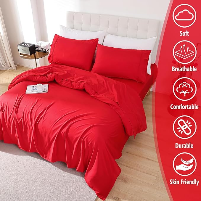 Whitney Home Textile Queen Sheet Set, Soft Microfiber Hotel Bed Sheets Queen Size, Extra Deep Pocket, Luxury Breathable Bedding Sheet & Pillowcase Sets, 4 Piece Wrinkle Free Oeko-Tex, Red