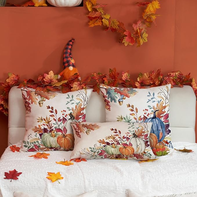 DFXSZ Fall Pillow Covers 12x20 inch Set of 2 Orange White Pumpkin Fallen Leaves Decorative Outdoor Throw Pillow Covers Autumn Thanksgiving Farmhouse Decoration for Home Couch TH27-A12