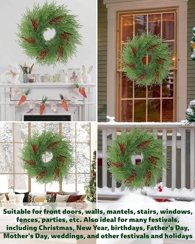 Artificial Christmas Wreaths for Front Door,26" Large Winter Wreaths for Indoor and Outdoor Christmas Decorations,Norfolk Pine Door Wreath with Red Berries for Wall Window Porch Farmhouse Stair