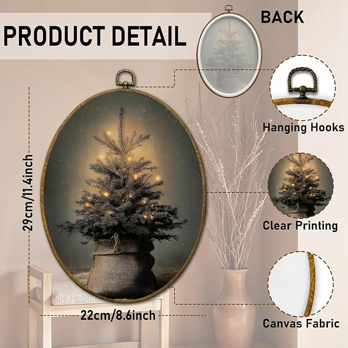 QZQE Vintage Moody Christmas Tree Oval Wall Art Decor Framed, Antique Christmas Oval Canvas Prints, Holiday Winter Xmas Tree Wall Hanging Decor for Home Bedroom Living Room, 8.6x11.4 Inch