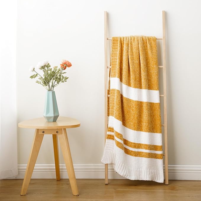 BATTILO HOME Mustard Yellow Throw Blanket for Couch, Soft Chenille Throw Blanket Knit Throw Blankets for Bed, Sofa,Chair, Farmhouse Throw Blankets, Fall Throw Blanket,51"x67"