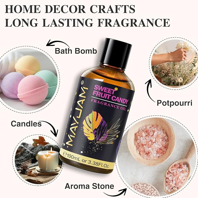 Sweet Fruit Candy Fragrance Oil Essential Oil, MAYJAM 3.38FL.OZ Sweet Fruit Candy Oil for Diffusers for Home, Long Lasting Scented Oils for Soap Candle Making - 100ML