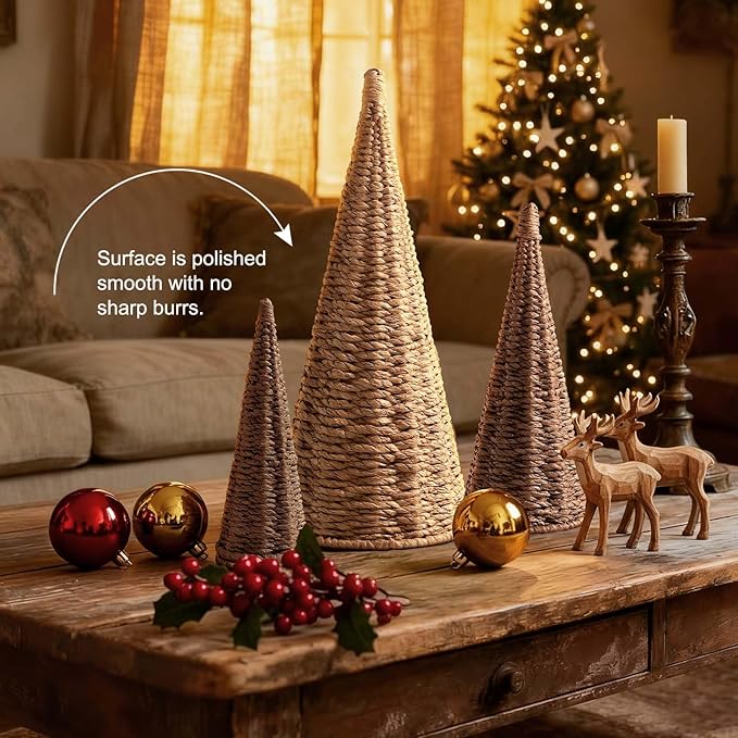 3pcs Natural Woven Christmas Trees Decor, Artificial Christmas Tree Decorations for Home Party Table Village Craft Indoor Outdoor Vintage Christmas Decor(Khaki+Dark Brown+Dark Khaki)