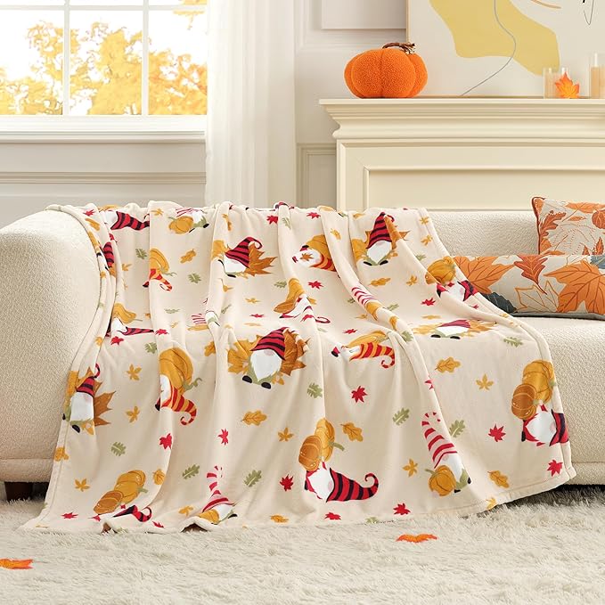 Cozy Bliss Gnome Fall Blankets Harvest Pumpkin Maple Twin Size Blanket - Warm MilkyPlush™ Blankets Ultra Soft Warm Cozy Blanket for Bed,Beige,60X80inches