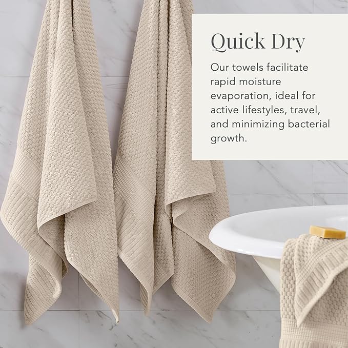NY Loft 100% Cotton Bath Towel 4 Pack | Super Soft & Absorbent Quick-Dry Bath Towels 30" x 52" | Textured and Durable Cotton | Premium Thick Towels | Trinity Collection (4 Pack Bath Towel, Sand)