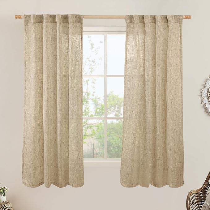 LAMIT Faux Linen Curtains 63 inches Long for Bedroom, Back Tab and Rod Pocket Linen Drapes Light Filtering Semi Sheer Curtains for Small Window/Farmhouse, 2 Panels (38 x 63 Inch, Brown)