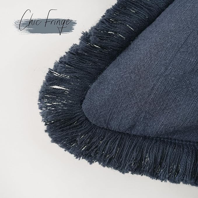 Foindtower Set of 2 Decorative Linen Fringe Throw Pillow Covers Cozy Boho Farmhouse Cushion Cover with Tassels Soft Accent Pillowcase for Couch Sofa Bed Living Room Home Decor, 16×16 Inch, Navy Blue
