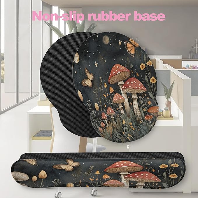 Mushroom Flower Butterfly Magic Mouse Pad with Wrist Rest and Keyboard Wrist Rest Set, Non-Slip Rubber Base Memory Foam Mouse Pad Set for Women, Office Desk Accessories, Gaming