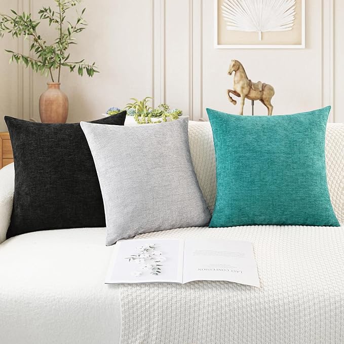 CaliTime Throw Pillow Covers Decorative 26 X 26 Inches Pack of 2 Cozy Chenille Cushion Cases for Couch Sofa Bed Living Room Home Black