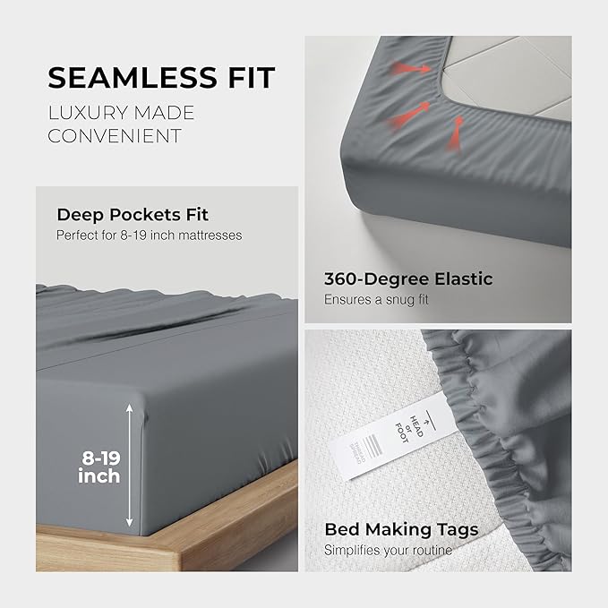 THREAD SPREAD 100% Egyptian Cotton King Size Sheets Set - Luxury 1200 Thread Count Egyptian Cotton Sheets King Size, 17" Deep Pocket, Soft, Cooling Sateen Weave Hotel Quality Bedding Set - Dark Grey