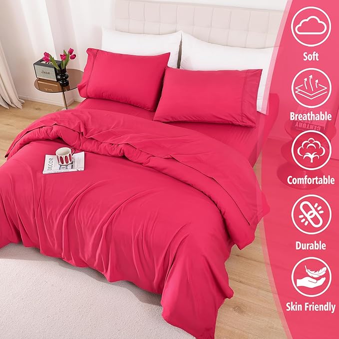 Whitney Home Textile King Size Sheets Set, Soft Microfiber Hotel Bed Sheets King Size, Extra Deep Pocket, Luxury Breathable Bedding Sheet & Pillowcase Sets, 4 Piece Wrinkle Free Oeko-Tex, Magenta