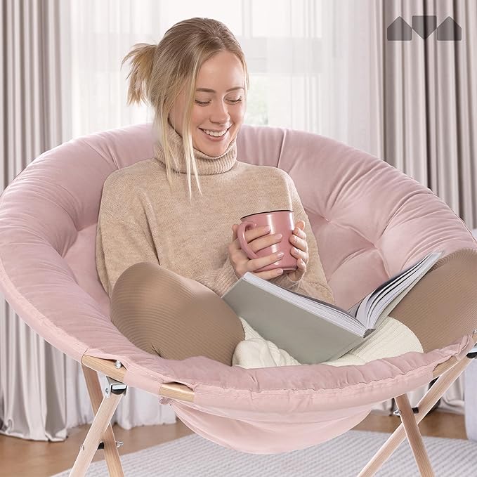 Milliard Cozy Chair/Velour Saucer Accent Chair for Bedroom/X-Large (Pink/Wood-Tone)