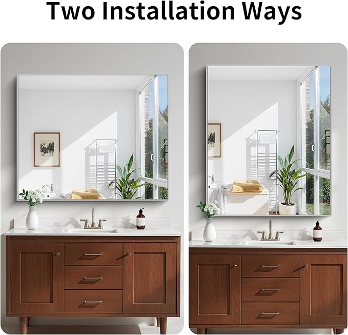 KOCUUY Silver Bathroom Mirror, 40"x48" Large Rectangular Mirror with Metal Frame, Brushed Nickel Vanity Mirror with Modern Design for Bathroom, Living Room, Entryway, Hang Horizontal/Vertical