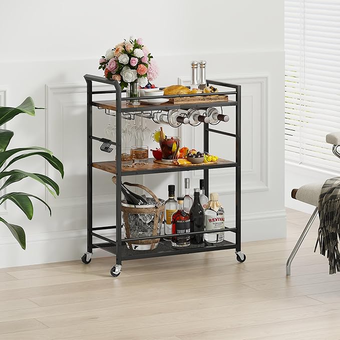 3 Tier Bar Cart, Home Bar Serving Cart with Wheels, Small Rolling Beverage Cart with Glass Holders, Mini Drink Cart with Wine Rack for Kitchen Dining Living Room Rustic Brown GBC507R