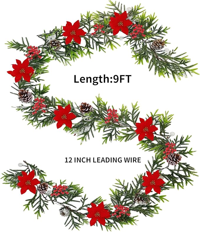 Juegoal 2 Pack Christmas Garland, 9' Pre-lit Artificial Xmas Flocked Garlands, Lighted Poinsettia Spruce Timer & Battery Operated with Lights, Garden Home Winter New Year decor, Geen, Red (YO-TTSZ-2)