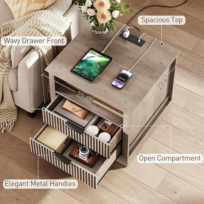 Farmhouse Fluted End Table with Charging Station, 24'' Sofa Side Table with 2 Drawers, Farmhouse Bedside Table with Storage, Large Nightstand for Bedroom, Living Room, Greige