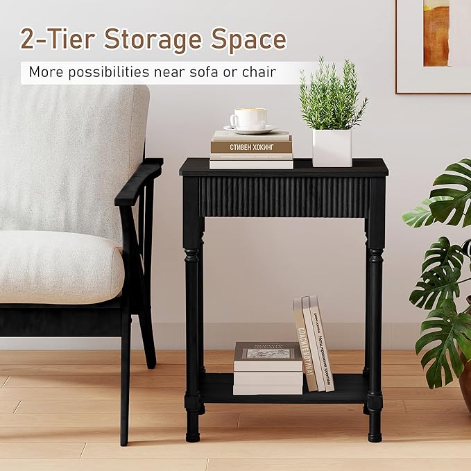 23.6” Large End Table with Charging Station, Modern Farmhouse Side Table Sofa Tables with Fluted Drawer, Wooden Bedside Table Night Stand for Bedroom Living Room Home Office, Black