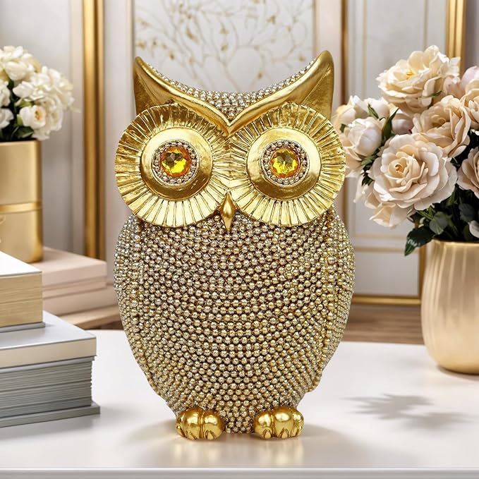 Golden Glitter Owl Statue - Cute Owl Sculpture for Home Art Decorations, Unique Gift Idea for Housewarming, Birthday, Christmas(6.5'')