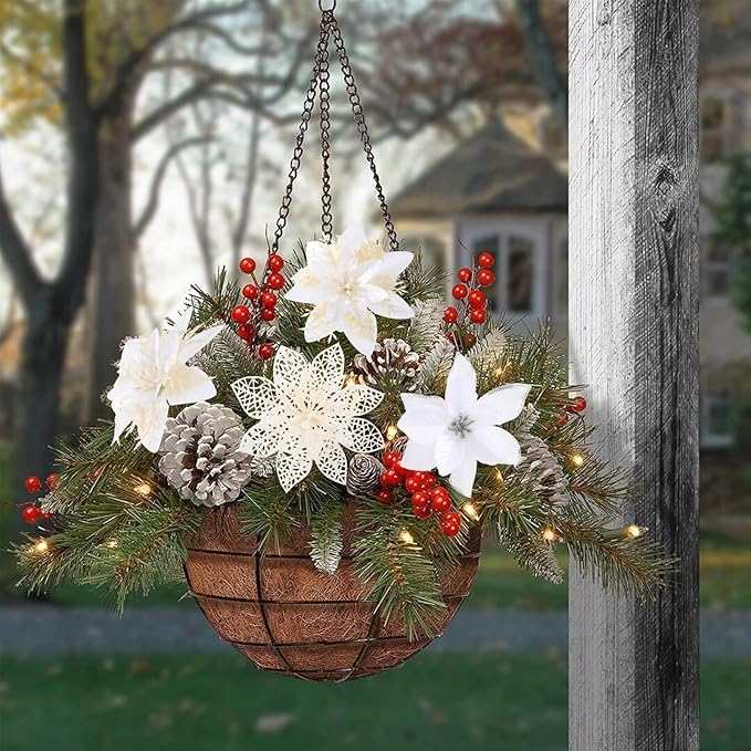 Floweroyal 60pcs Poinsettia Artificial Christmas Flowers Decorations with Clips and Berry Stems Glitter Ornaments for Christmas Tree Wreath Fireplace Stairs Decor (White-3 Styles)