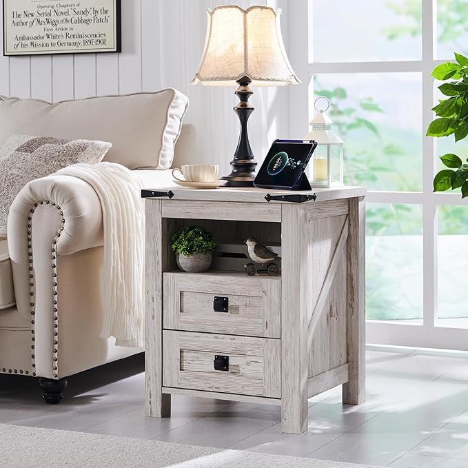 RedLemon Farmhouse Nightstand with Charging Station, Rustic 18 Inch End Table with 2 Storage Drawers and Open Shelf, Wood Sofa Side Table for Bedroom, Living Room (Antique Brush White)
