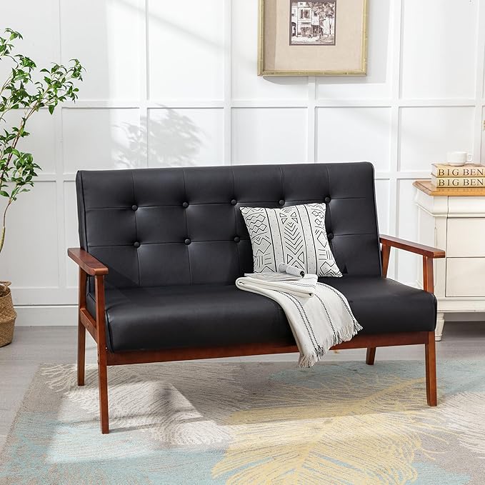 STHOUYN Black Small Leather Couch for Office, Booth Seating 2 Person Waiting Room Bench Couch, Mid Century Modern Loveseat Wood Sofa (Black)
