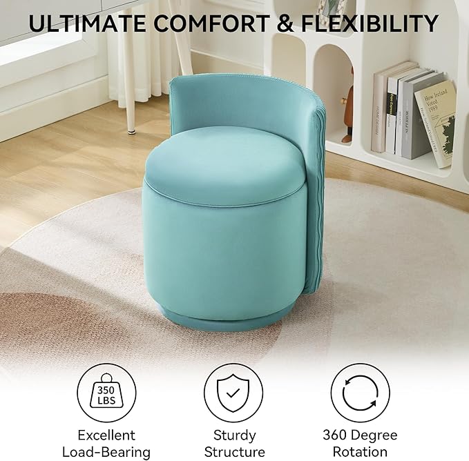 Velvet Vanity Chair with Storage, 360° Swivel Makeup Chair with Wave Back, No Assembly Small Accent Stool for Bedroom, Dressing, Living Room, Teal