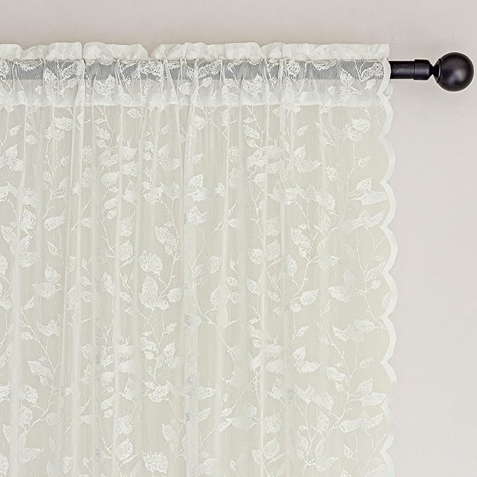Ivory Lace Semi-Sheer Curtains – Vintage Leaves Pattern Lace for Bedroom/Bathroom, Light Filtering Rod Pocket Drapes, Privacy Chic Window Treatments Scalloped Hem, 52W x 72L Inch, 2-Panel Set