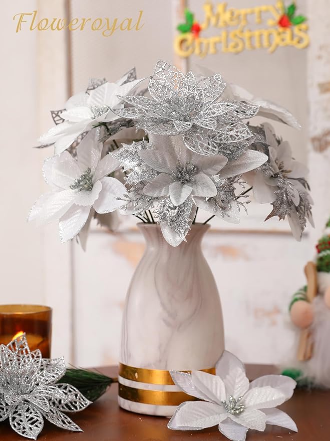 Floweroyal 30pcs Poinsettia Artificial Christmas Flowers Decorations with Clips and Berry Stems Glitter Ornaments for Christmas Tree Wreath Fireplace Stairs Decor (Silver-3 Styles)