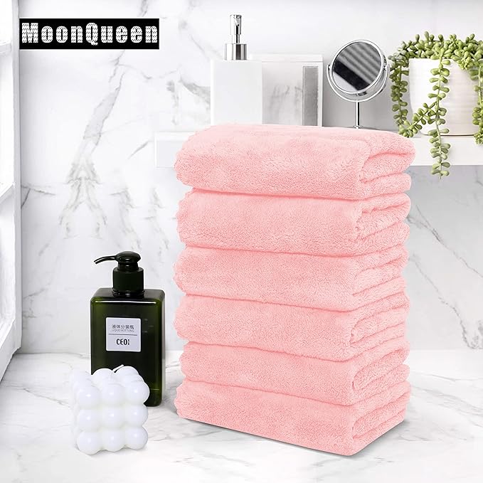MOONQUEEN 6 Pack Premium Hand Towels - Quick Drying - Microfiber Coral Velvet Highly Absorbent Towels - Multipurpose Use as Hotel, Bathroom, Shower, Spa, Hand Towel 16 x 28 inches (Pink)