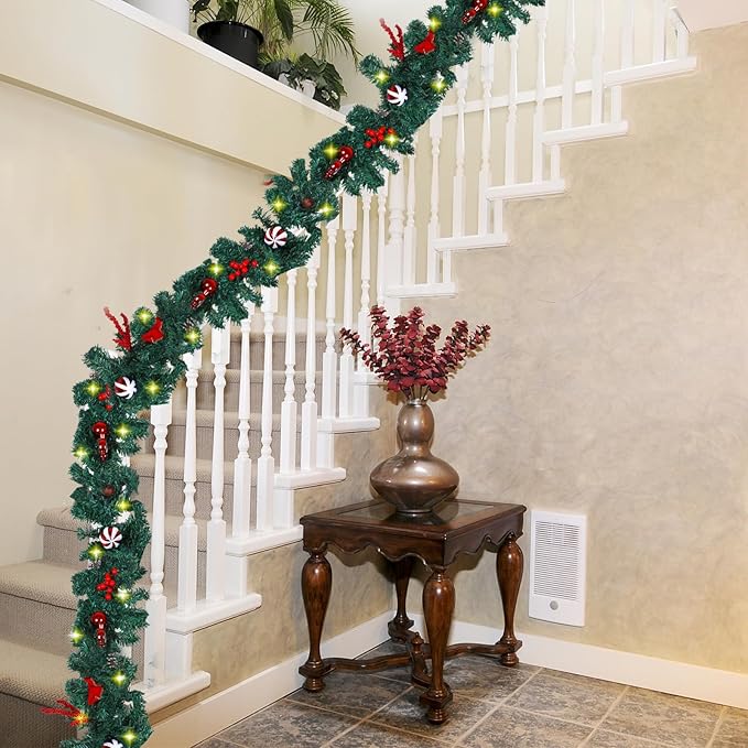 MorTime 4 Pack 9 FT LED Christmas Garland with Pinecones Red Berries Bows Christmas Balls Candies, Multi-Function Christmas Garland with 50 Warm White LED Lights, 180 Branch Tips