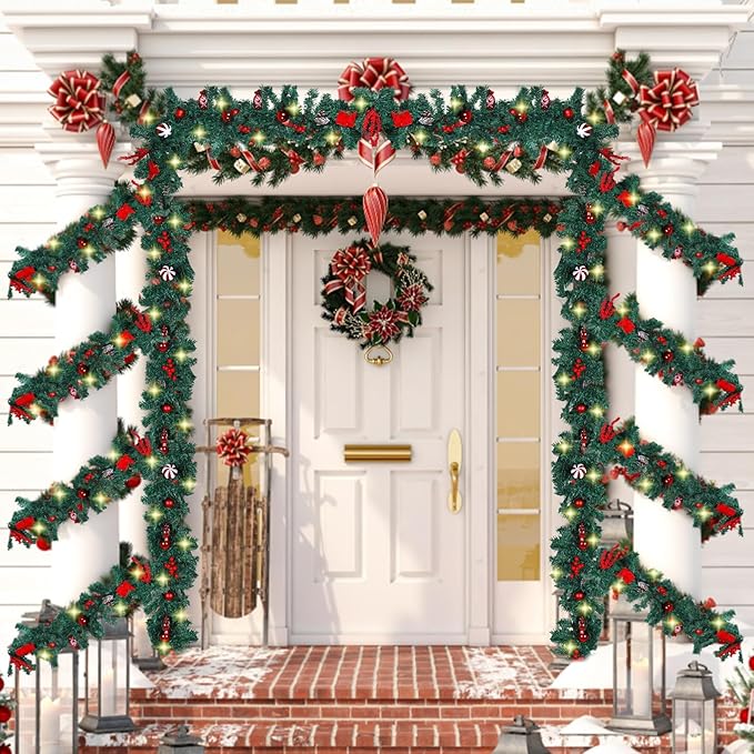 MorTime 4 Pack 9 FT LED Christmas Garland with Pinecones Red Berries Bows Christmas Balls Candies, Multi-Function Christmas Garland with 50 Warm White LED Lights, 180 Branch Tips
