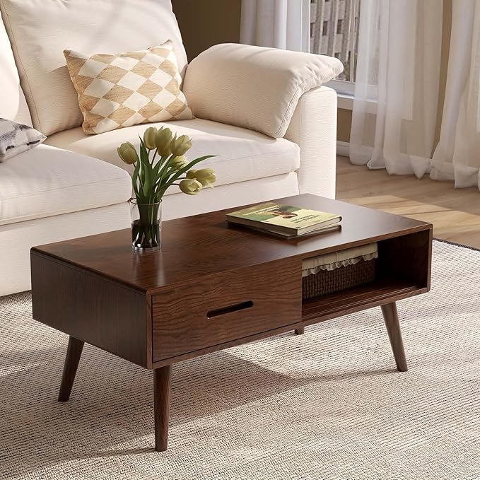 100% Solid Oak Wood Coffee Table for Living Room, Coffee Table with Storage Shelf and 2 Drawers, Mid-Century Modern Coffee Tables for Home (Oak Walnut Colour, 39.37'' W)