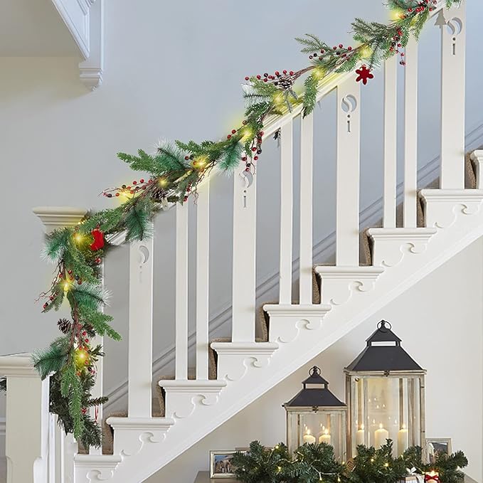winemana 6 FT Pre-lit Artificial Christmas Garland with 20 LED Lights, Battery Powered with Pine Cones, Red Berries, Pine Needles, Lighted Christmas Garlands for Fireplace Mantle Holiday Decorations