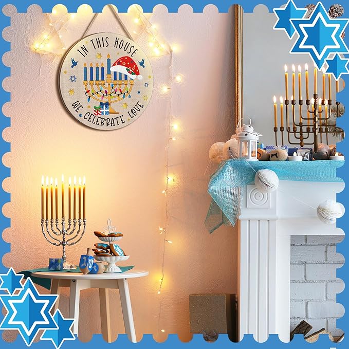 Blosssound 3 Pcs Door Decorations Front Hanging Door Sign Hanging Ornament Wooden Wall Sign Hanger for Celebrations Farmhouse Home Living Room Party Supplies(Happy Hanukkah)