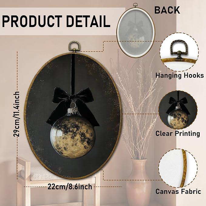 QZQE Vintage Moody Christmas Oval Wall Art Decor Framed, Dark Academia Coquette Bow Xmas Bauble Ball Oval Canvas Prints, Retro Christmas Wall Hanging Decor for Home Bedroom Living Room, 8.6x11.4 Inch