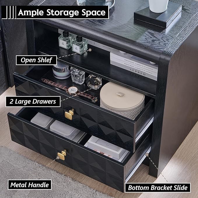 Modern Night Stand Set 2, 23.62" Wide Wood Side Table w/2 Storage Drawers &Open Shelf &Charging Station, Mid Century Modern Bedside w/Diamond Panel Decorate for Bedroom, Curved Profile Design, Black