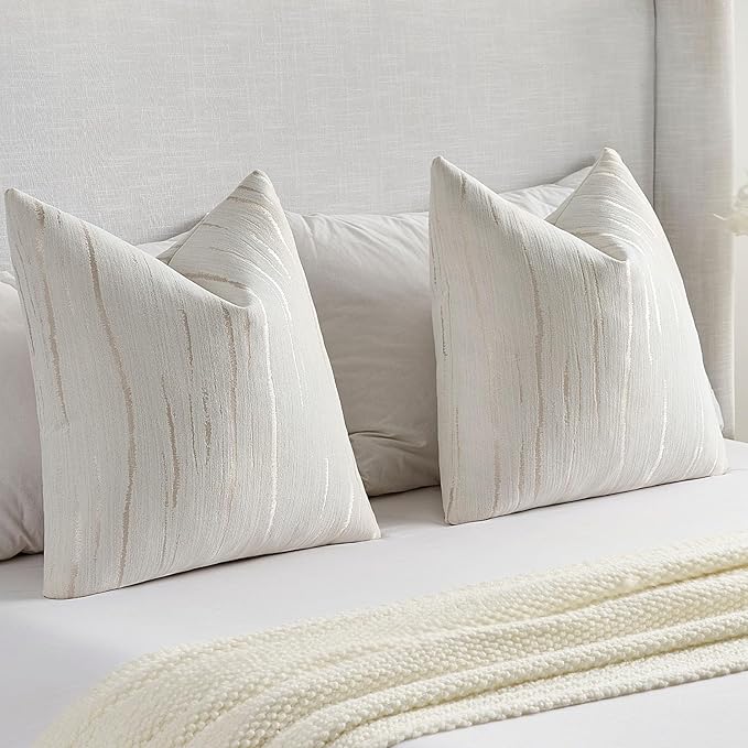 FUTEI Cream Chenille Decorative Throw Pillow Covers 12x20 Inch Set of 2,Soft Embossed Striped Textured Lumbar Pillow Cases,Modern Home Decor for Couch Bed Living Room