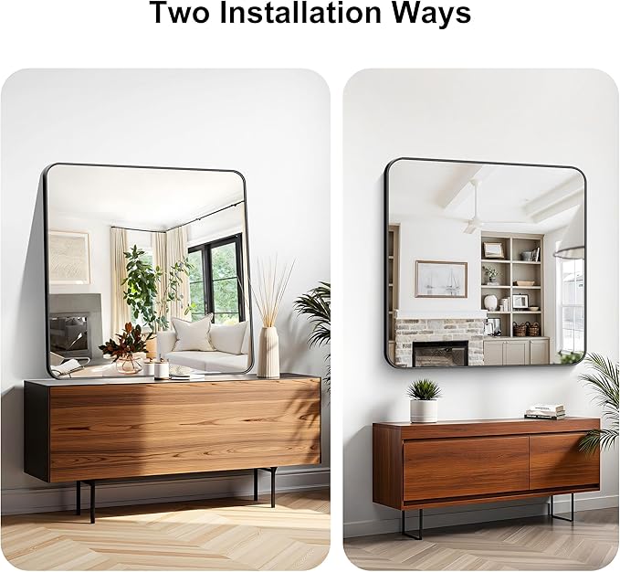 KOCUUY Black Bathroom Mirror 40"x40", Large Square Vanity Mirror with Rounded Corner, Metal Black Frame with Mordern Design for Bathroom, Living Room, Entryway, Hang Horizontal/Vertical