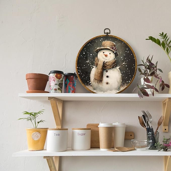 XPH Vintage Moody Christmas Snowman Round Wall Art Framed, Rustic Farmhouse Winter Circle Wall Decor, Cozy Winter Snowman Hanging Canvas Prints for Home Bedroom Living Room Decoration, 10x10 Inch