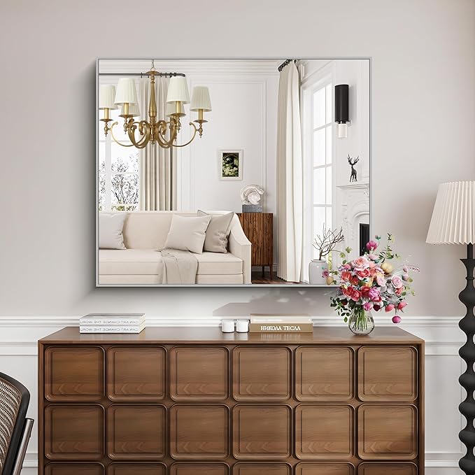 KOCUUY Silver Bathroom Mirror, 40"x48" Large Rectangular Mirror with Metal Frame, Brushed Nickel Vanity Mirror with Modern Design for Bathroom, Living Room, Entryway, Hang Horizontal/Vertical