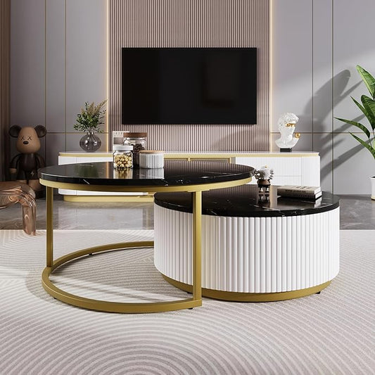 27.6" Modern Round Nesting Coffee Table Fluted with Drawer for Living Room in Black & Gold