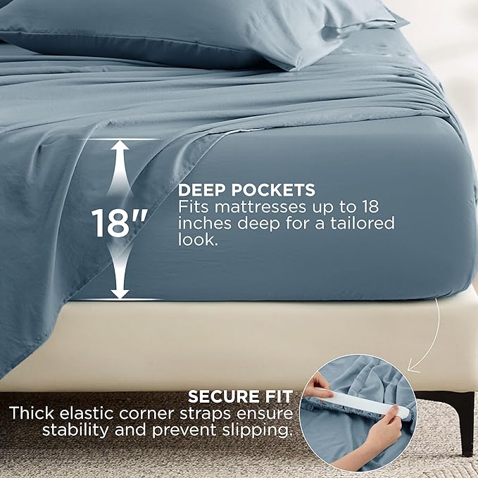 Bedsure Deep Pocket King Sheet Set - 6 Piece, Prewashed Ultra-Soft King Size Sheets Set, Fits Mattresses Up to 18 Inches Thick, Breathable & Secure Fit, Hotel Luxury Bedding, Mineral Blue